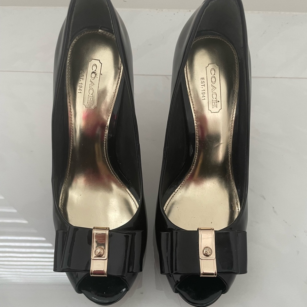 Coach black heel with gold bow shoes- patent leather